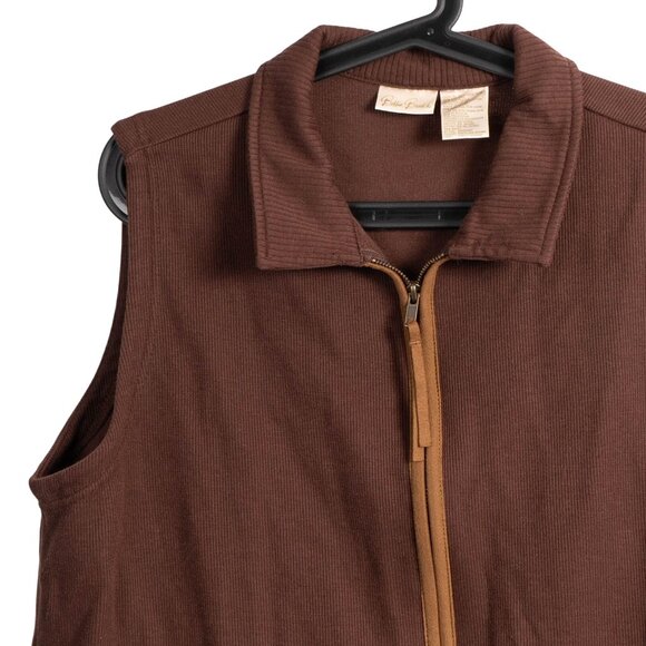 Y2K Sweater Vest Womens XL Brown Zip Up Contrast Trim Ribbed Drawstring Waist - Picture 2 of 5